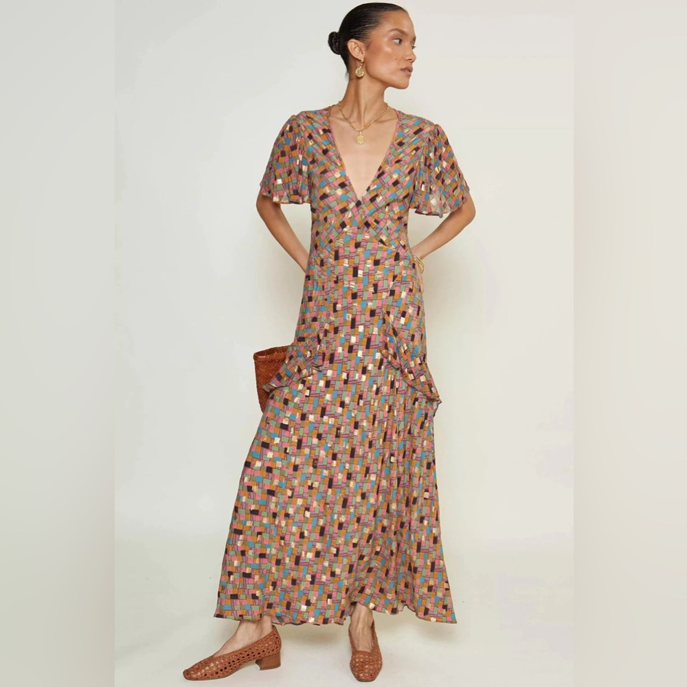 RIXO Evie Dress - Klimt Stamp Foil Dahlia
